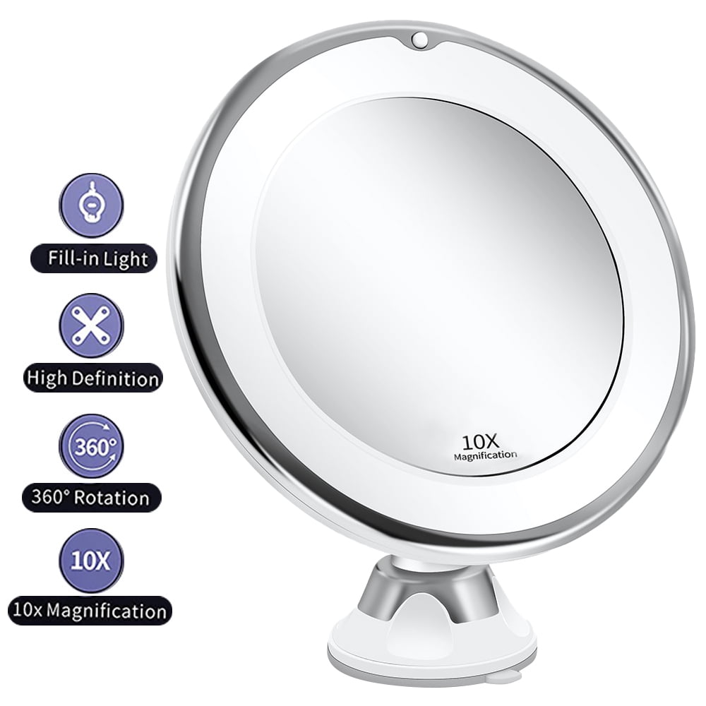 10x Forstørrelsesspejl med LED-lys og Sugekop – Perfekt til Makeup og Rejser