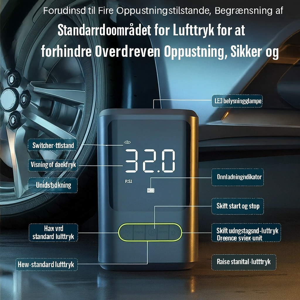 Dækpumpe, powerbank,  2 x 2.000 mAh battericeller