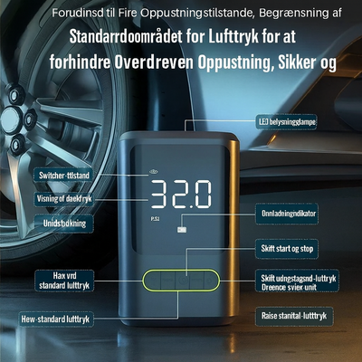 Dækpumpe, powerbank,  2 x 2.000 mAh battericeller