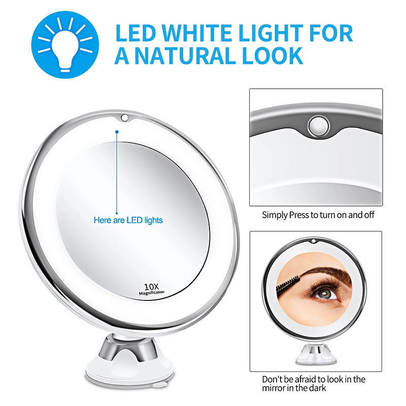 10x Forstørrelsesspejl med LED-lys og Sugekop – Perfekt til Makeup og Rejser
