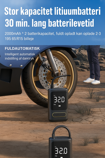 Dækpumpe, powerbank,  2 x 2.000 mAh battericeller