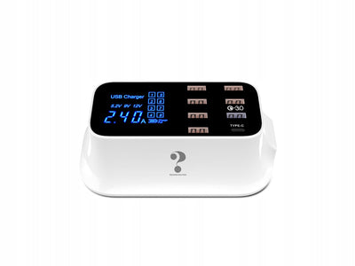 Hurtigoplader til Mobil med 7 USB + 1 USB-C med LCD Skærm - 40W