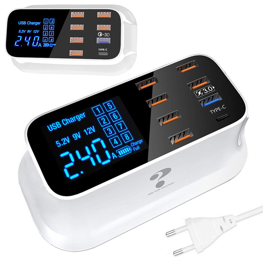Hurtigoplader til Mobil med 7 USB + 1 USB-C med LCD Skærm - 40W