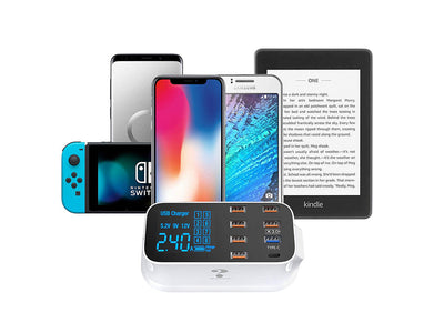 Hurtigoplader til Mobil med 7 USB + 1 USB-C med LCD Skærm - 40W