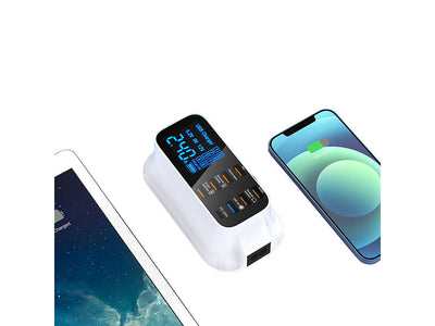 Hurtigoplader til Mobil med 7 USB + 1 USB-C med LCD Skærm - 40W