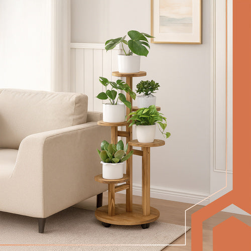 Høj blomsterstander i træ – planteholder med 6 niveauer til 7 potter
